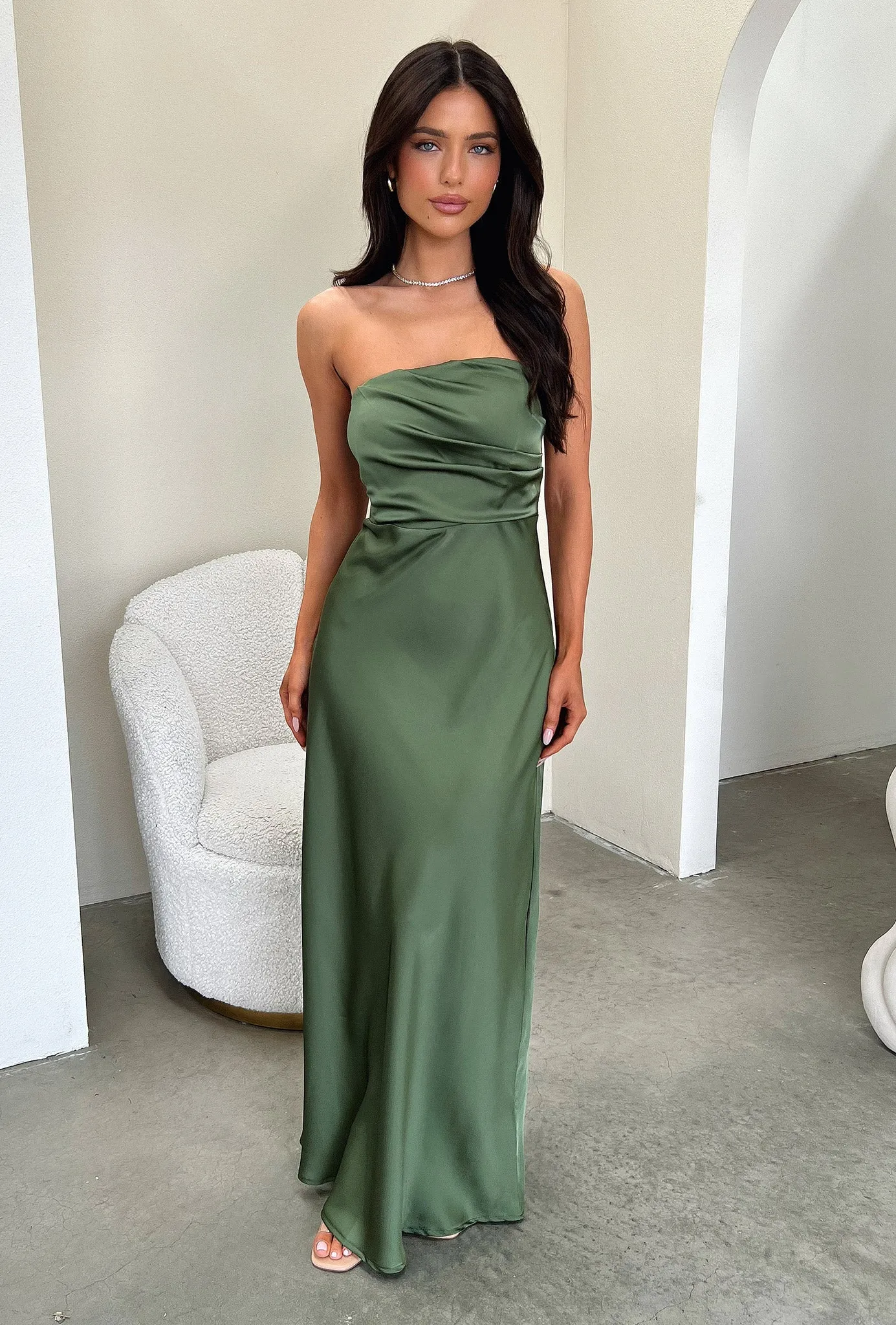 Elio Strapless Satin Maxi Dress - Olive sold by Thats So Fetch