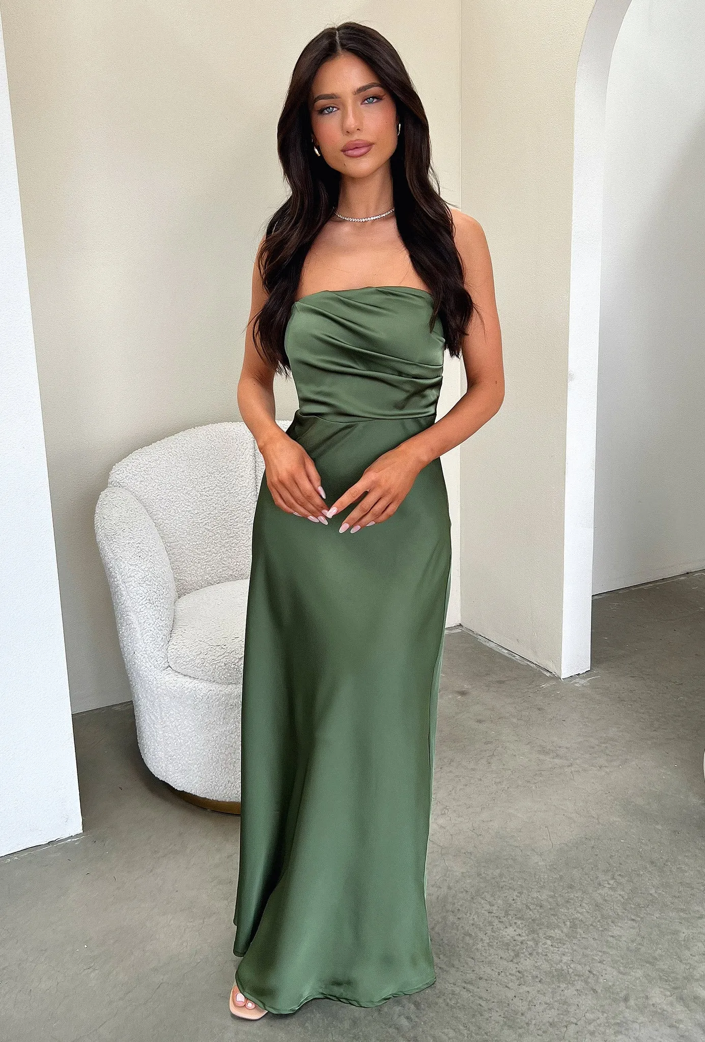 Elio Strapless Satin Maxi Dress - Olive sold by Thats So Fetch product image thumbnail 5