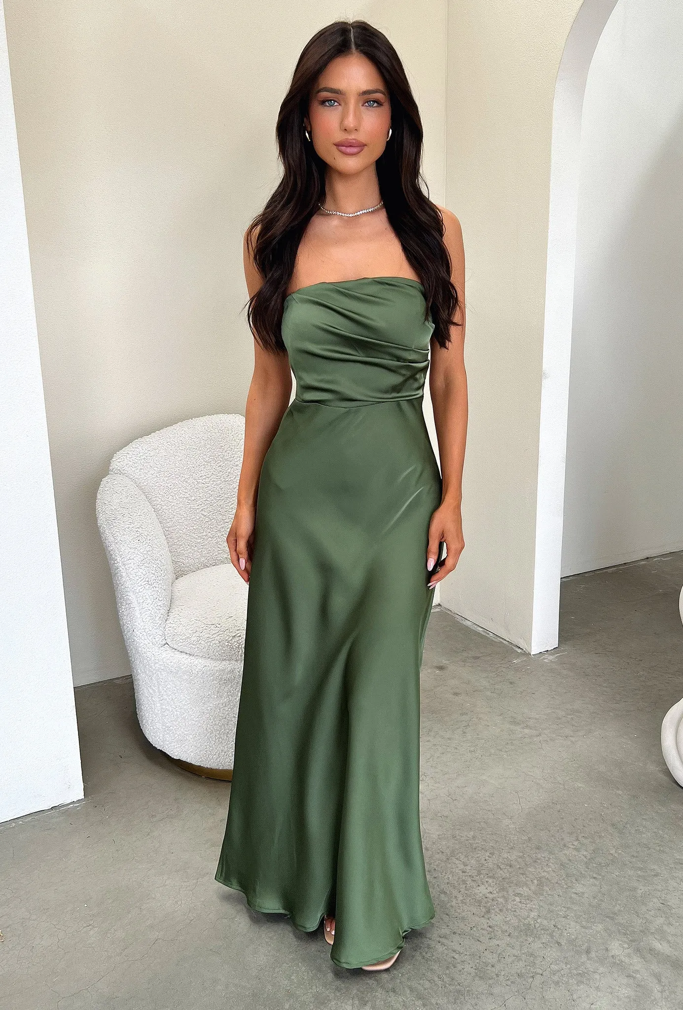 Elio Strapless Satin Maxi Dress - Olive sold by Thats So Fetch product image thumbnail 2