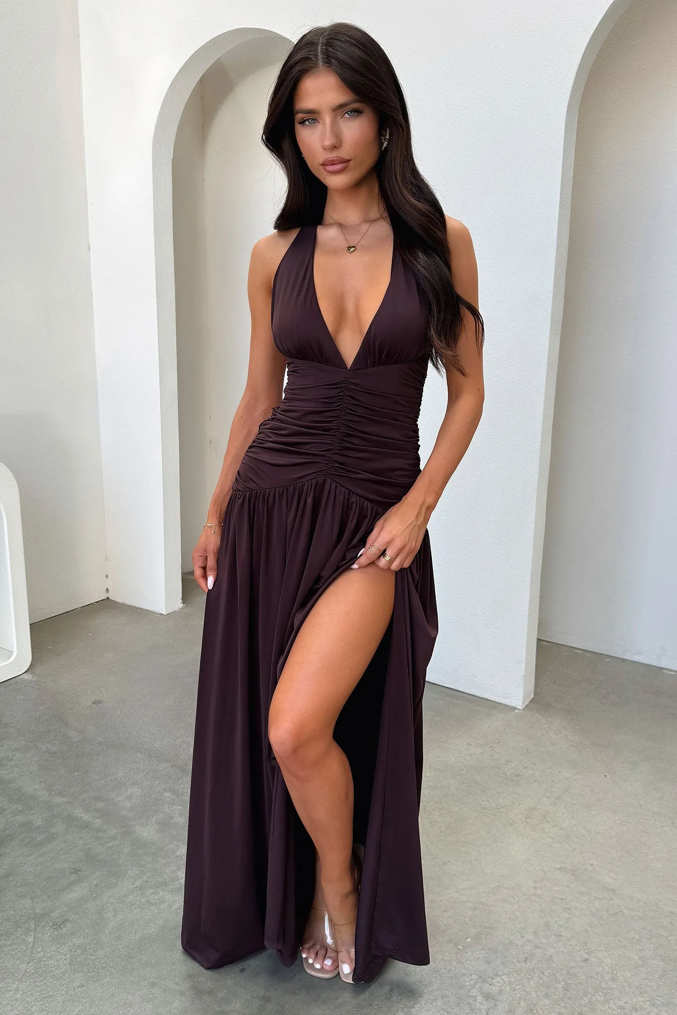 Ginevra Ruched Halter Maxi Dress - Brown sold by Thats So Fetch