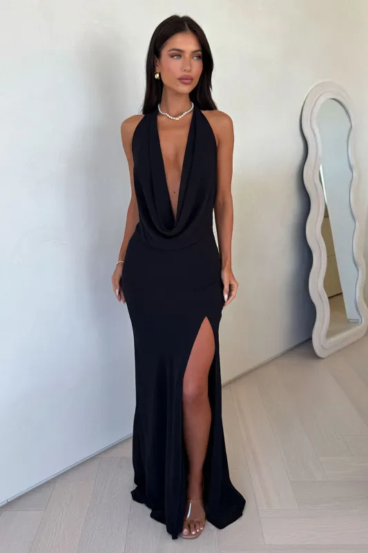 Amedeo Plunge Halter Neck Maxi Dress - Black sold by Thats So Fetch
