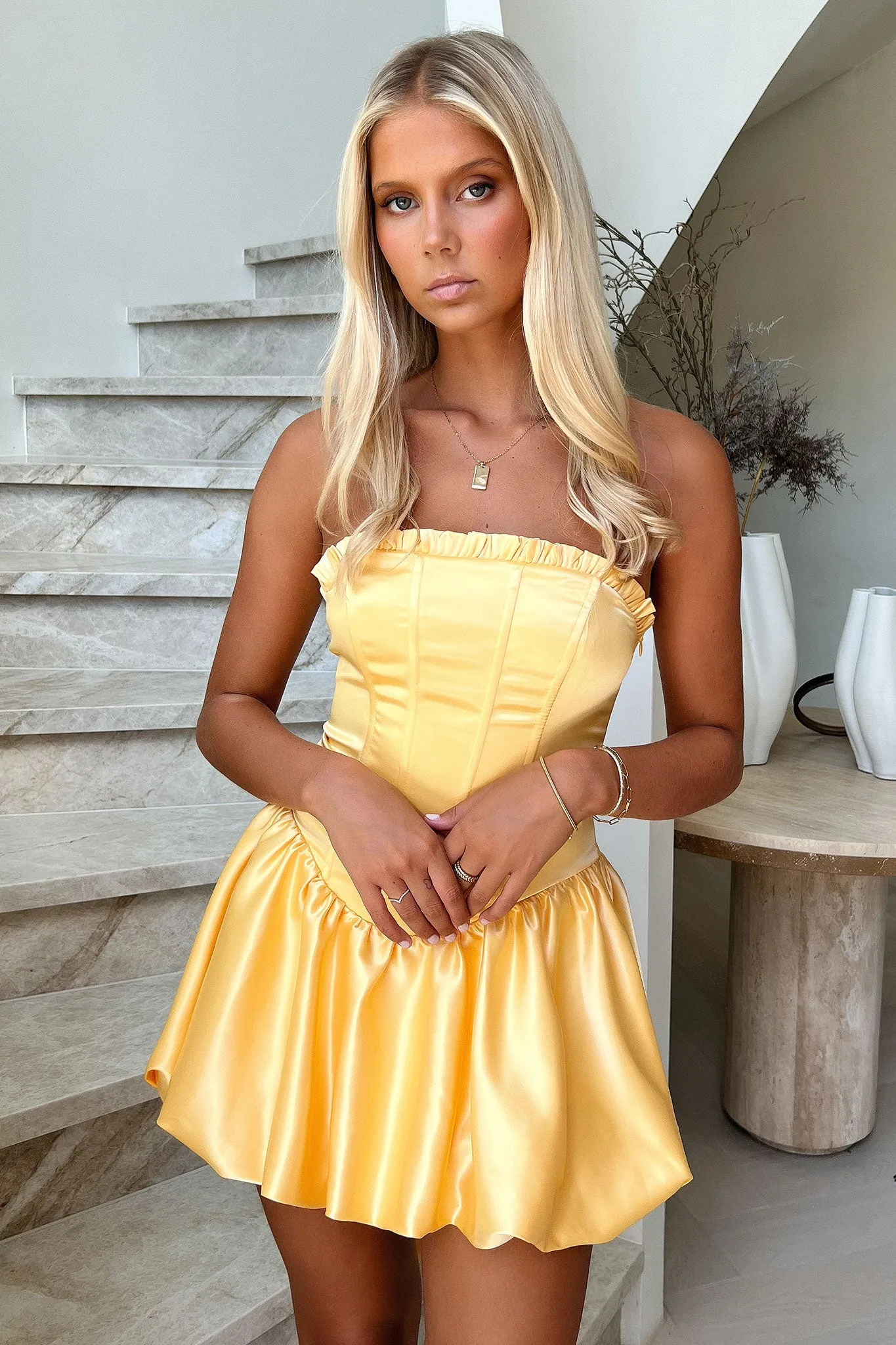 Beauty Strapless Satin Dress - Yellow sold by Thats So Fetch