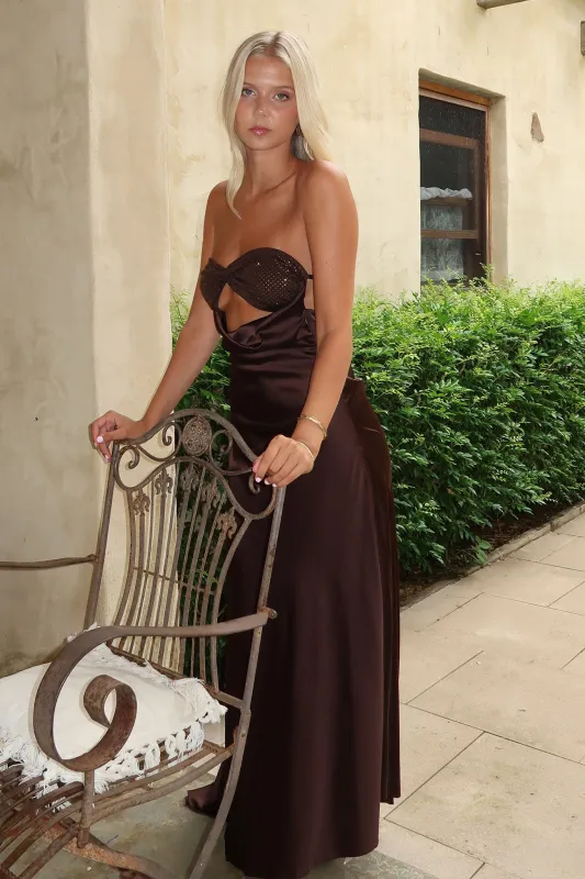Thora Strapless Satin Maxi Dress - Brown sold by Thats So Fetch