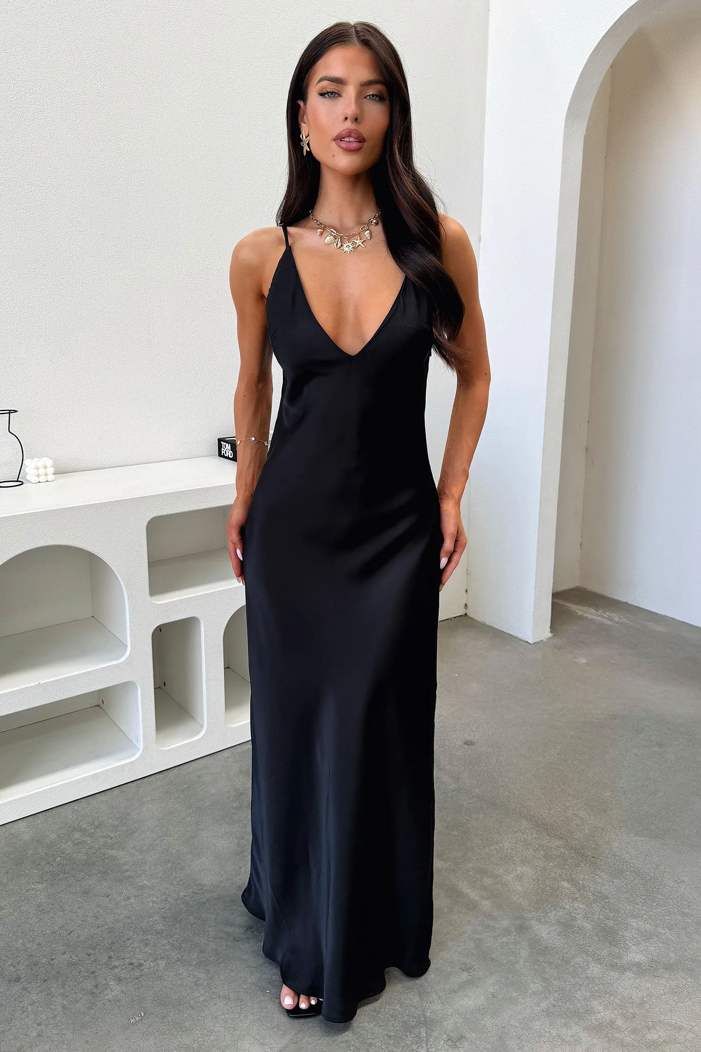 Delilah V-Neck Satin Maxi Dress - Black sold by Thats So Fetch product image thumbnail 3