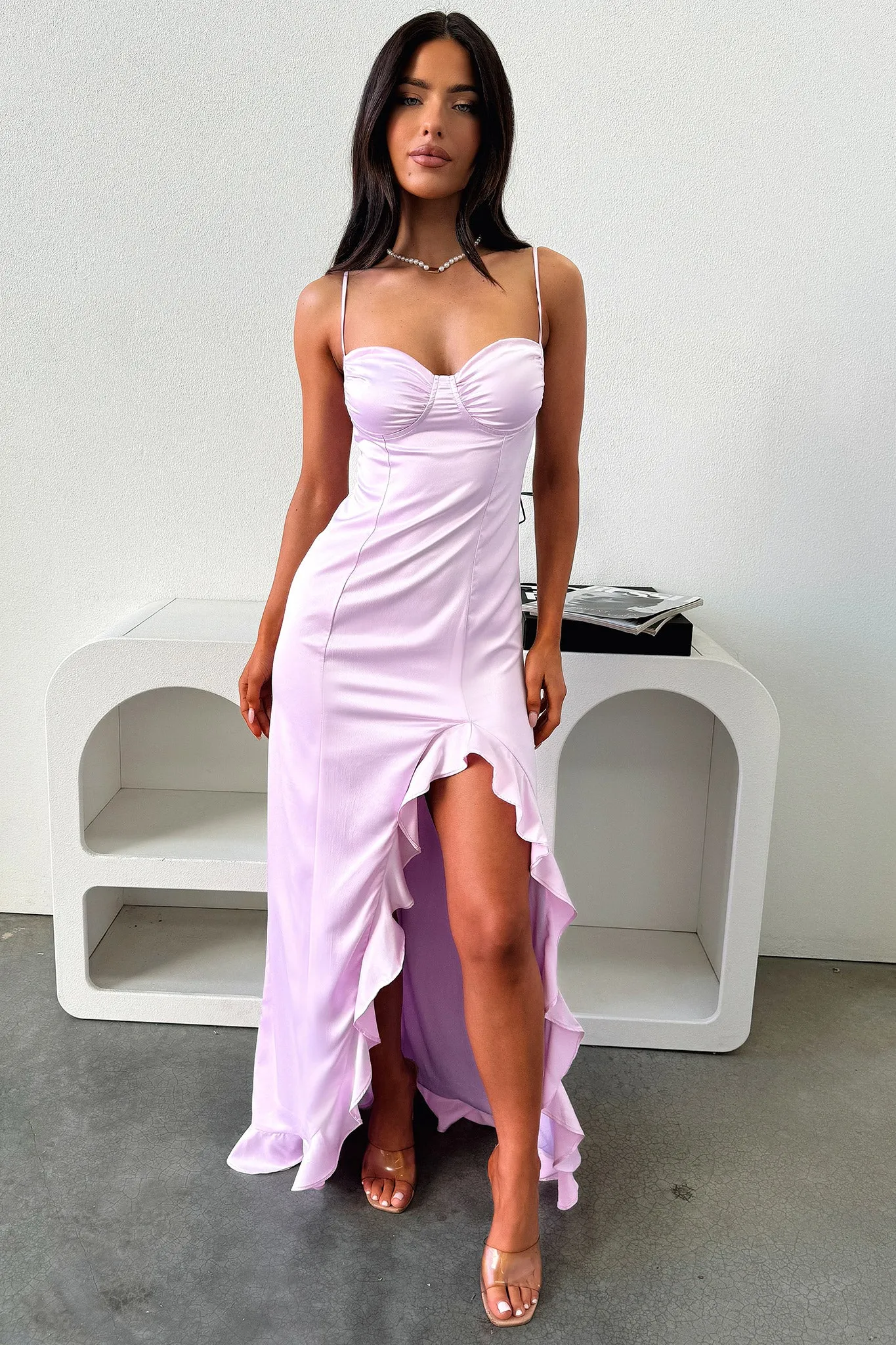 Lauren Ruffle Trim Satin Maxi Dress - Lilac sold by Thats So Fetch product image thumbnail 4