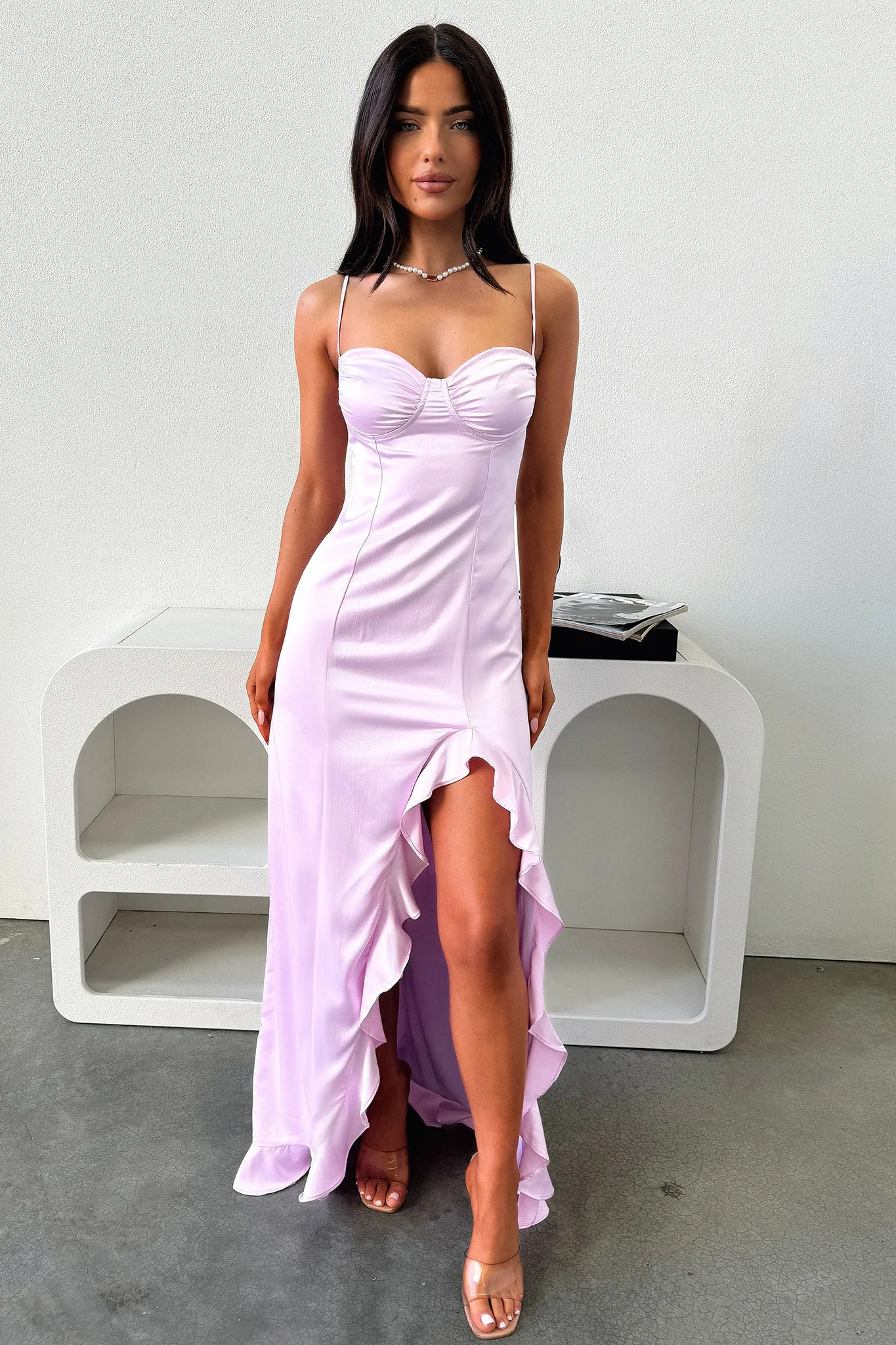 Lauren Ruffle Trim Satin Maxi Dress - Lilac sold by Thats So Fetch