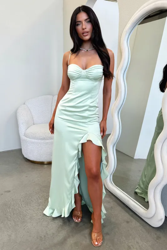 Lauren Ruffle Trim Satin Maxi Dress - Sage sold by Thats So Fetch