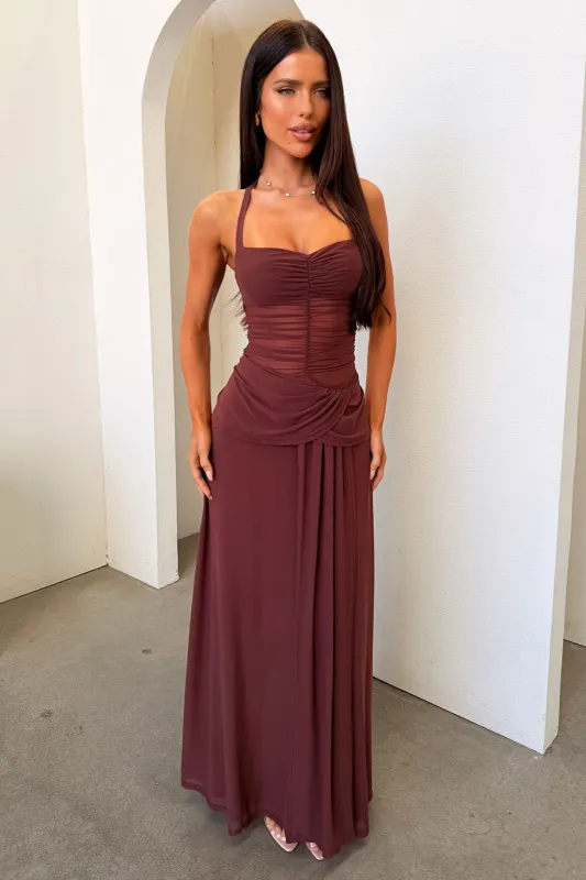 Gabrielle Halterneck Mesh Maxi Dress - Brown made by Thats So Fetch