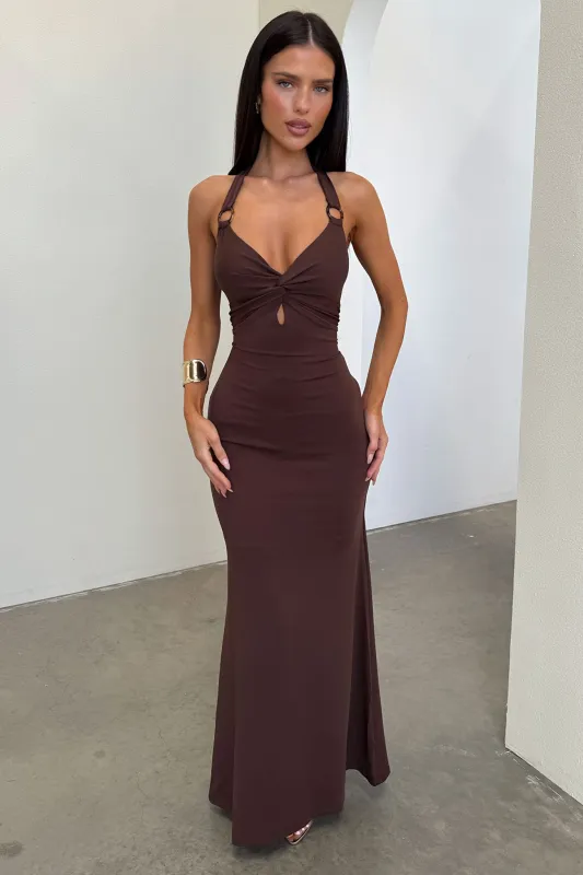 Nikki Halter Neck Maxi Dress - Brown made by Thats So Fetch