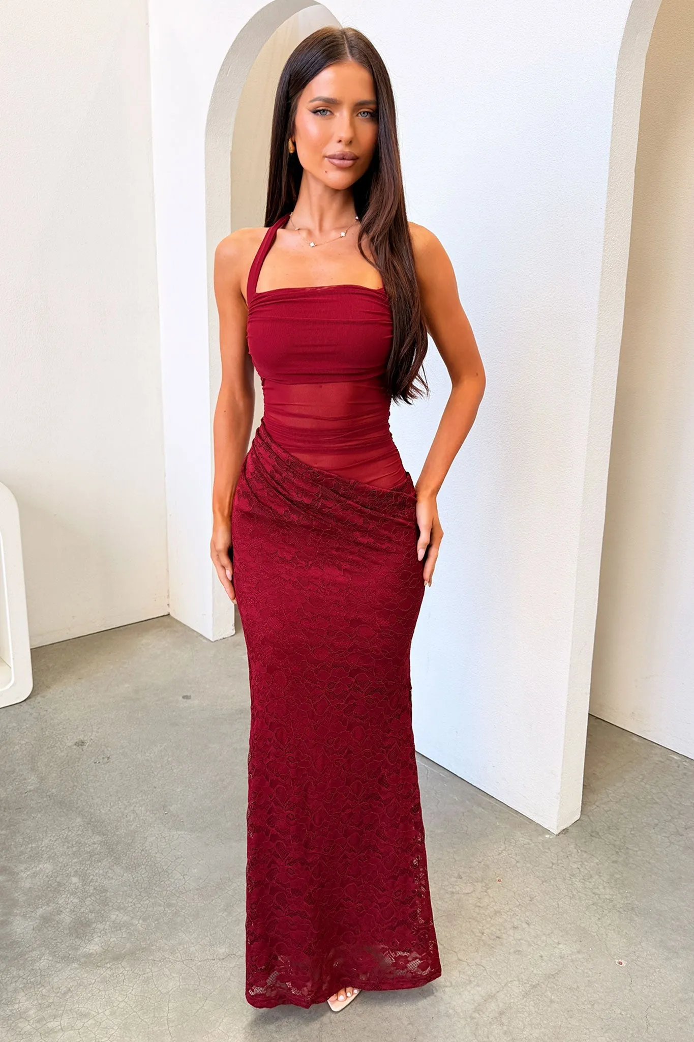 Liora Lace Halter Neck Maxi Dress - Burgundy sold by Thats So Fetch product image thumbnail 2
