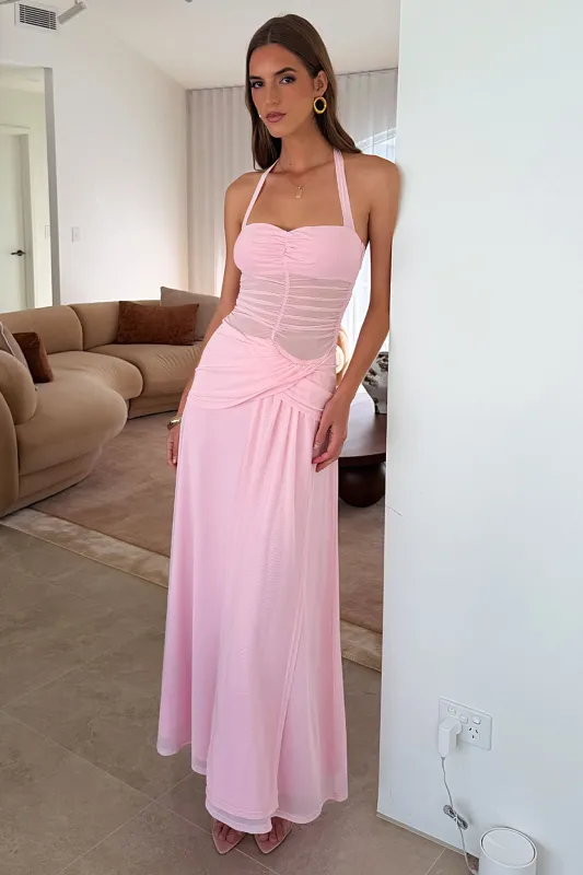Gabrielle Halterneck Mesh Maxi Dress - Pink made by Thats So Fetch