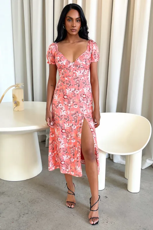 Solem Midi Dress - Coral Pink Floral sold by Thats So Fetch
