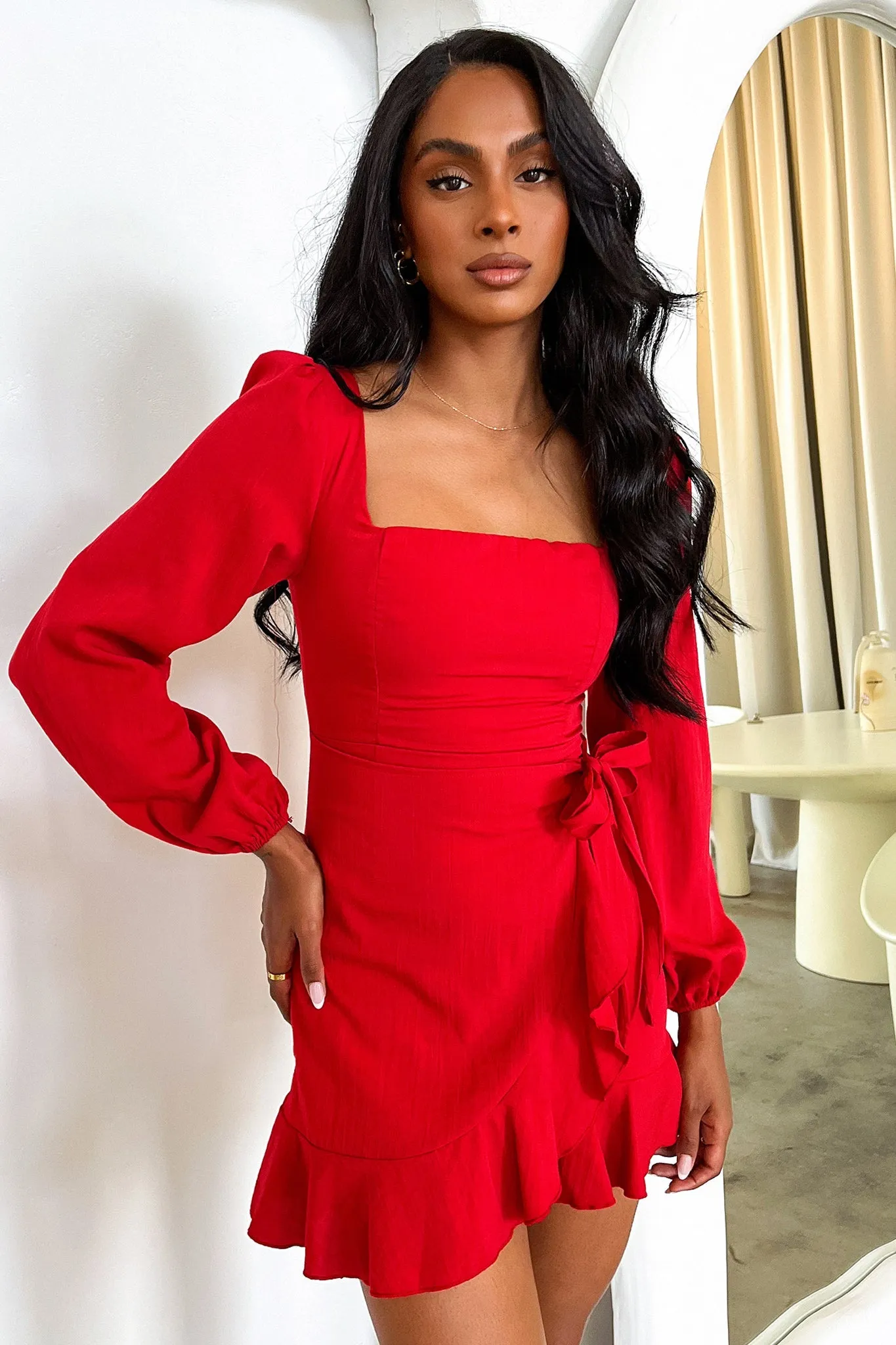 Silvana Long Sleeve Wrap Mini Dress - Red sold by Thats So Fetch