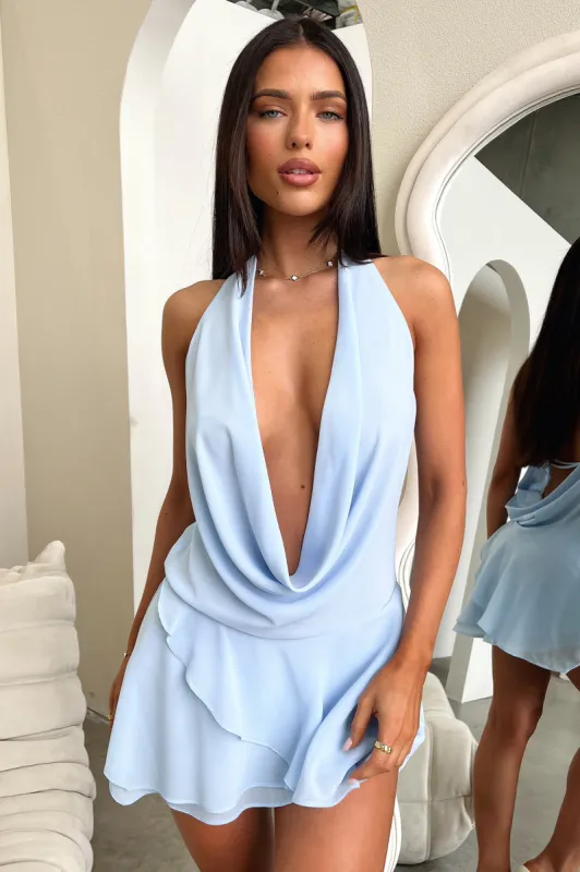 Cleo Plunge Cowl Neck Mini Dress - Blue sold by Thats So Fetch