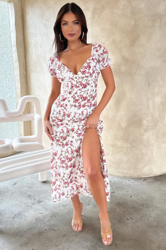 Solem Midi Dress - White / Rose Floral sold by Thats So Fetch