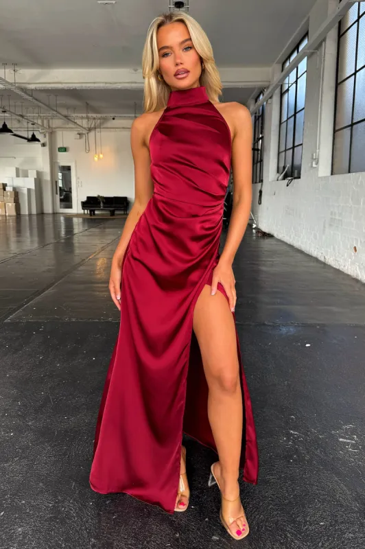 Arabelle High Neck Satin Maxi Dress - Burgundy sold by Thats So Fetch