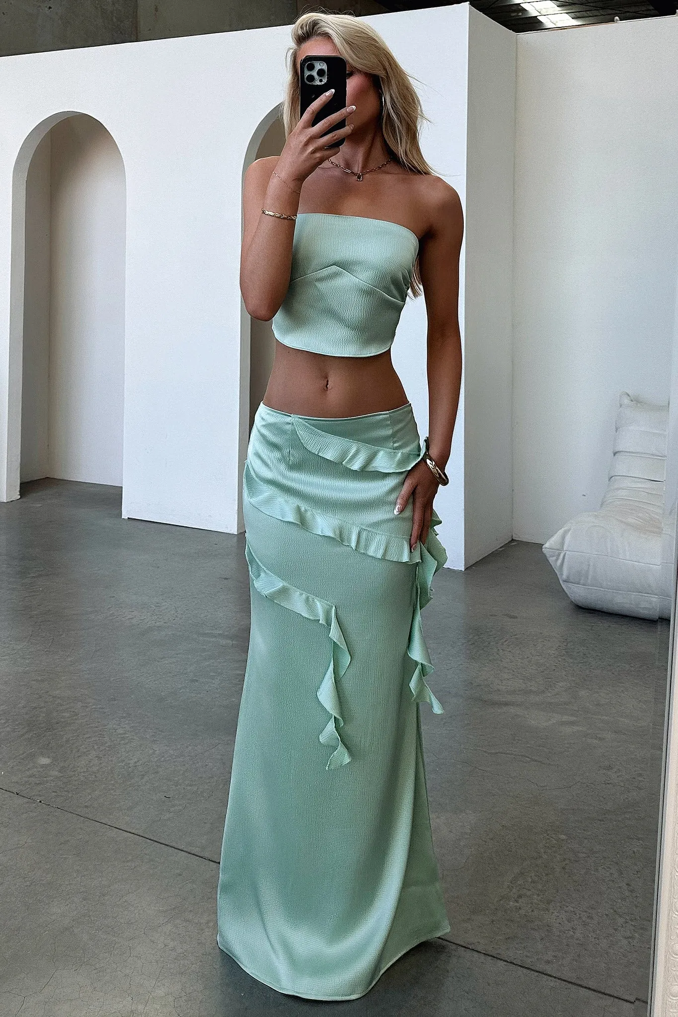 Raima Satin Ruffle Maxi Skirt - Green sold by Thats So Fetch