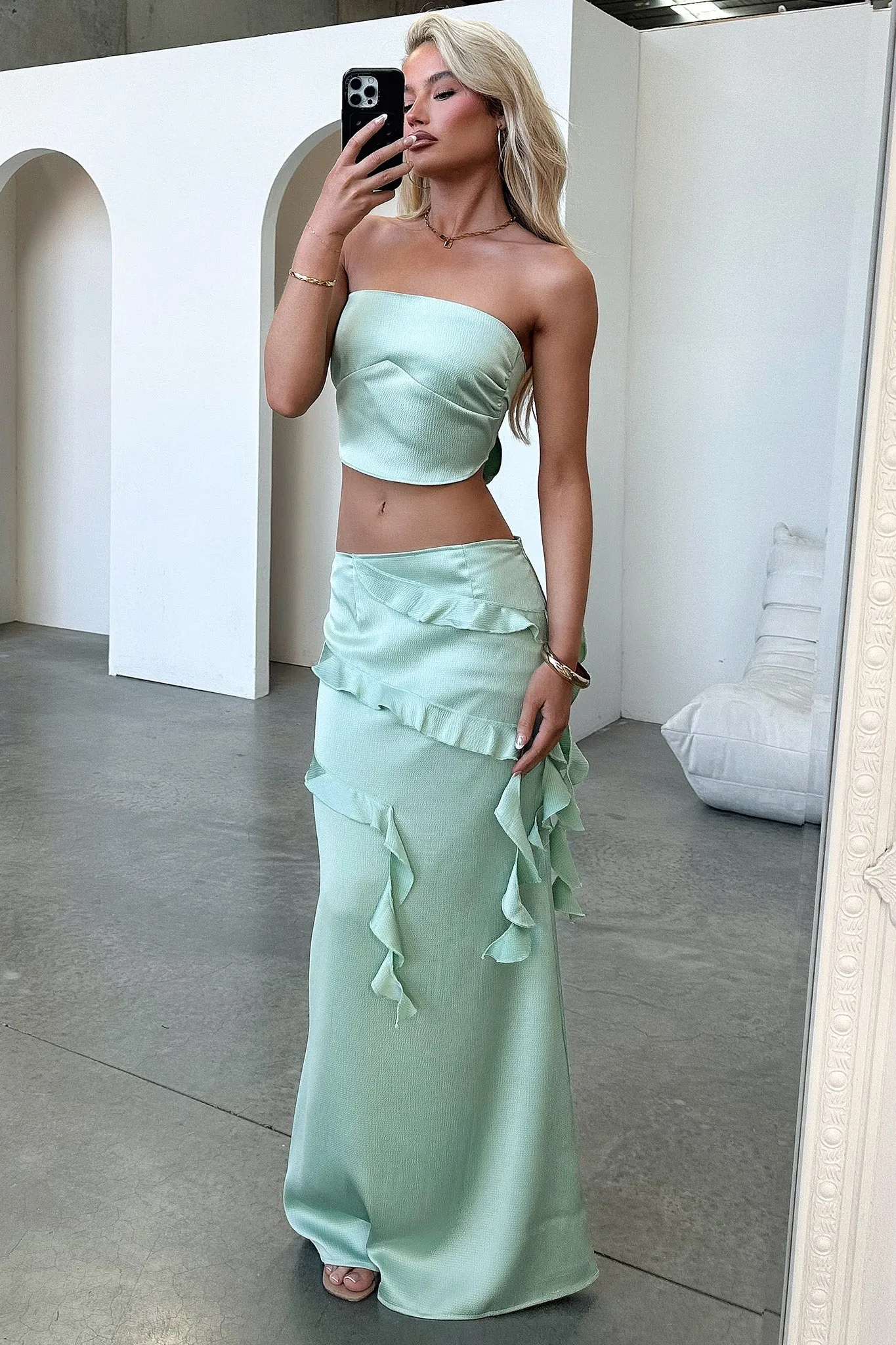 Raima Satin Ruffle Maxi Skirt - Green sold by Thats So Fetch product image thumbnail 4