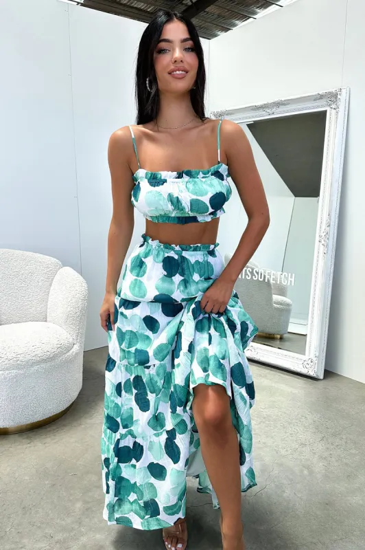 Selina Tiered Maxi Skirt - Green / White Print sold by Thats So Fetch