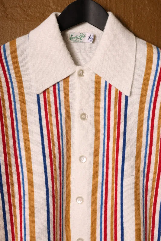 Cream White Racing Stripe Long Sleeve Knit Polo (M) sold by Scott Fraser Collection