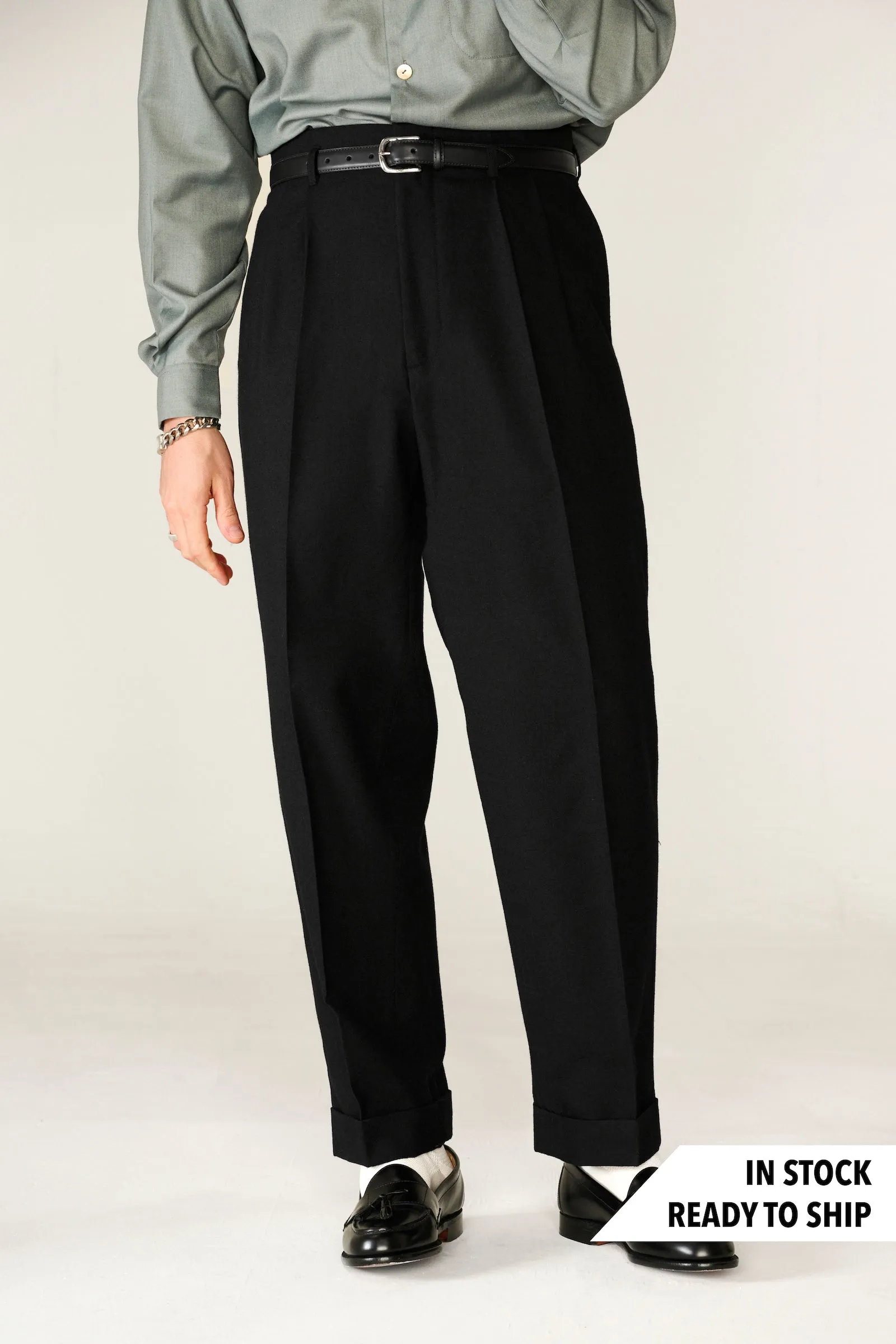 Black wool Empire waist trousers (IN STOCK) sold by Scott Fraser Collection