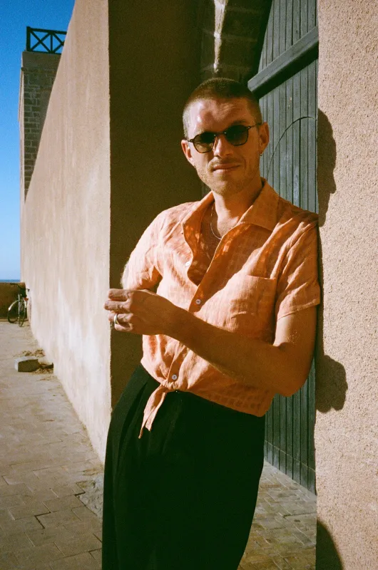 Coral woven waist-tie option shirt sold by Scott Fraser Collection