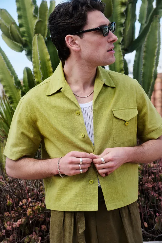 Chartreuse textured loop pocket shirt sold by Scott Fraser Collection