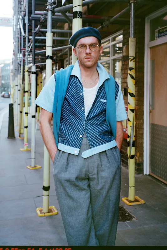 Light blue checked textured panel shirt sold by Scott Fraser Collection