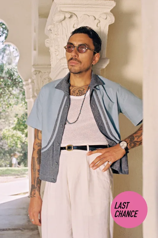 Ice blue speckle piping shirt sold by Scott Fraser Collection