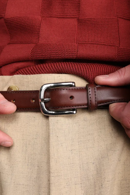 Brown leather slim horse shoe buckle belt sold by Scott Fraser Collection