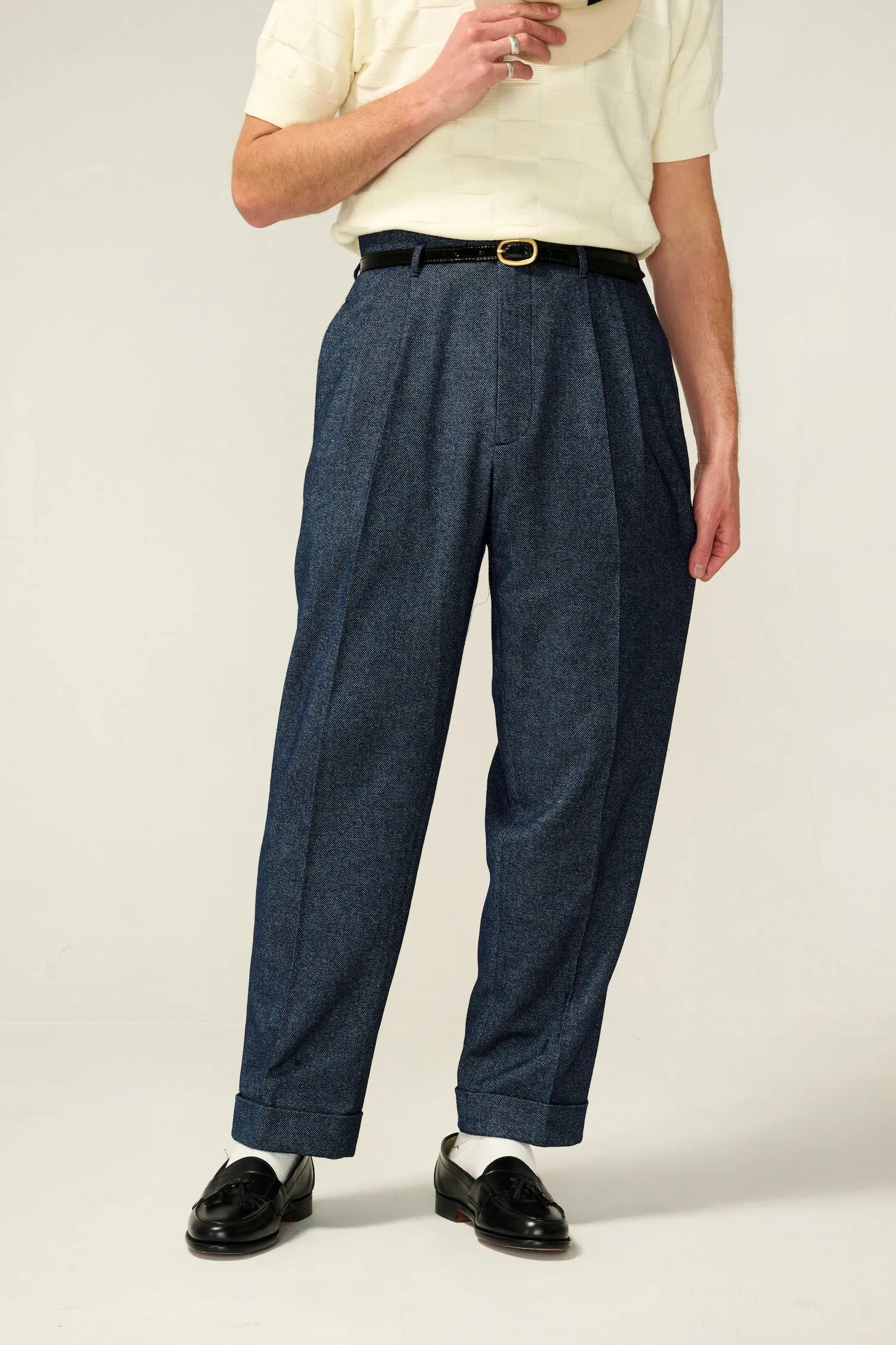 Empire waist peg trousers (made in 40+ fabric options) sold by Scott Fraser Collection