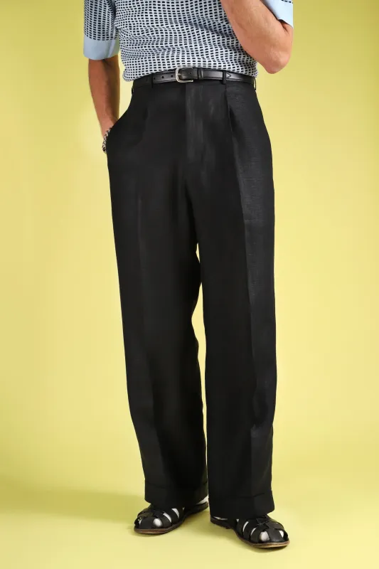 Black linen wide boy trousers made by Scott Fraser Collection