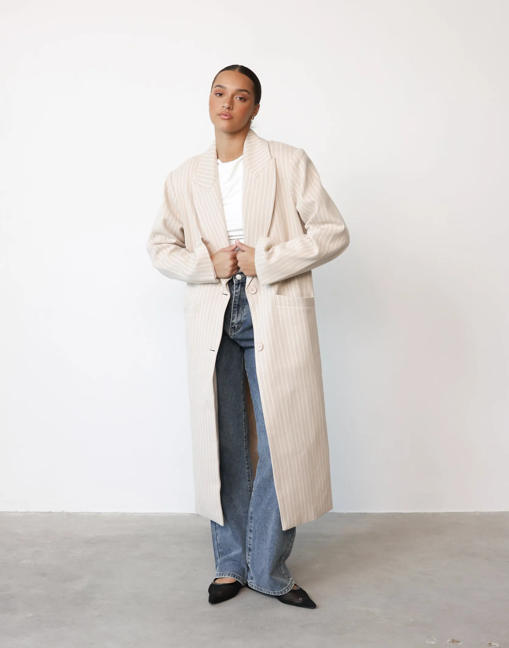 Olsen Coat (Beige Pinstripe) - By Lioness sold by Charcoal Clothing