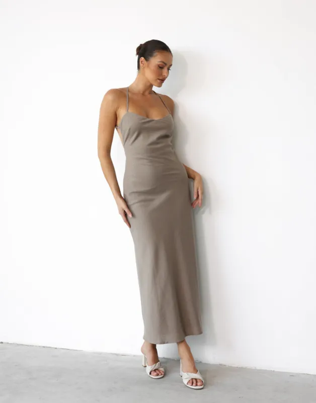 Haylie Linen Maxi Dress (Stone) sold by Charcoal Clothing