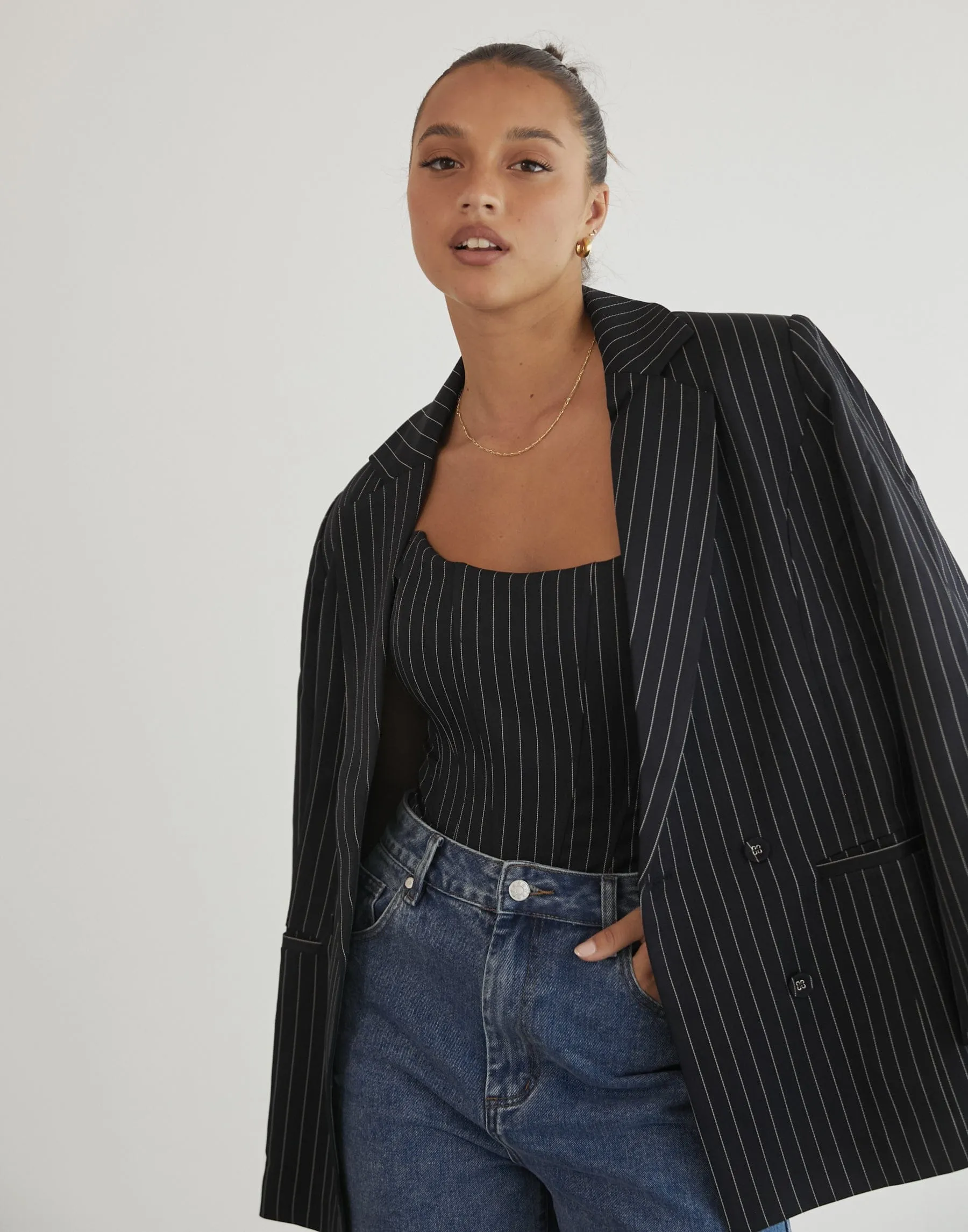 Fame Corset (Navy Pinstripe) -By Lioness sold by Charcoal Clothing