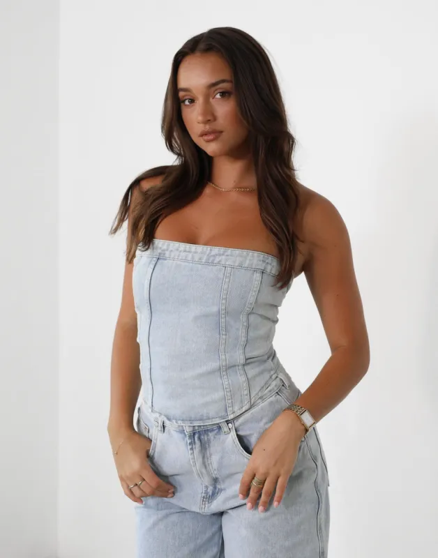 Kloe Denim Corset Top (Light Vintage) sold by Charcoal Clothing