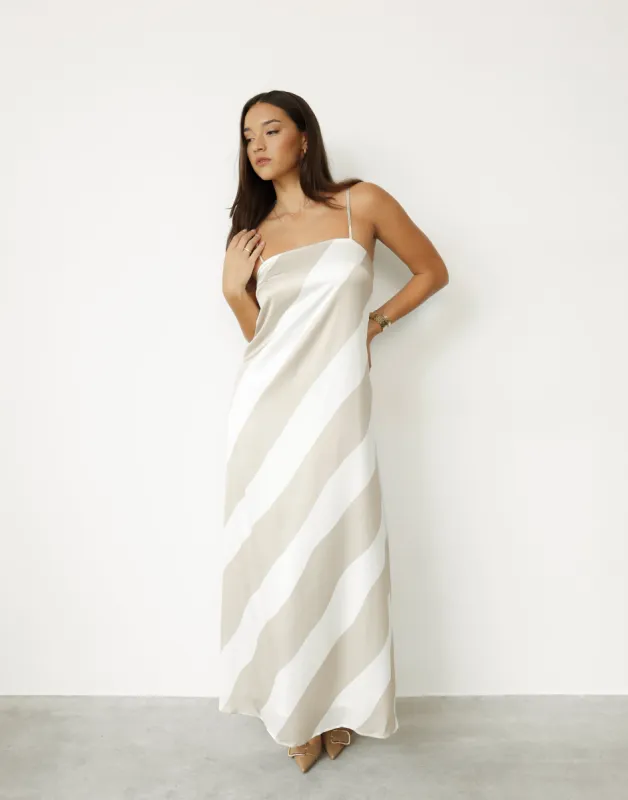 Kacey Maxi Dress (Beige Stripe) sold by Charcoal Clothing