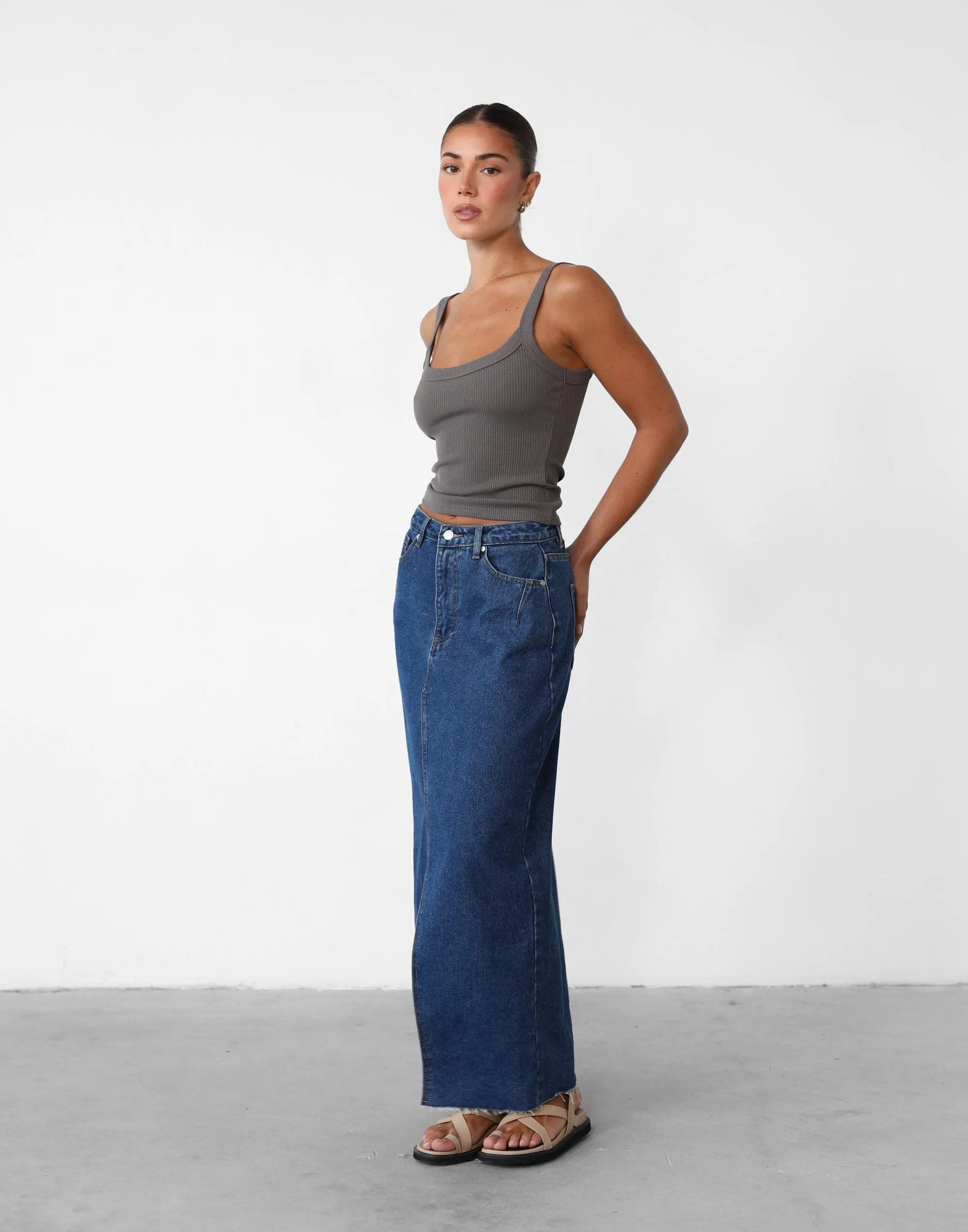 Drew Denim Midi Skirt (Dark Denim) sold by Charcoal Clothing