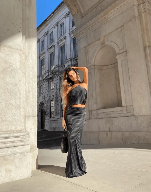 Hudson Satin Maxi Skirt (Black Pinstripe) - By Lioness sold by Charcoal Clothing