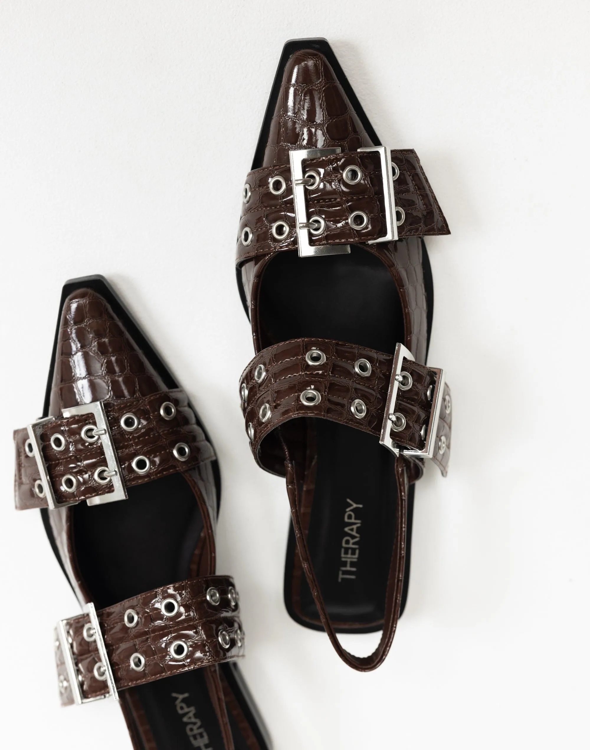 Matilda Flats (Chocolate Patent Croc) - By Therapy sold by Charcoal Clothing