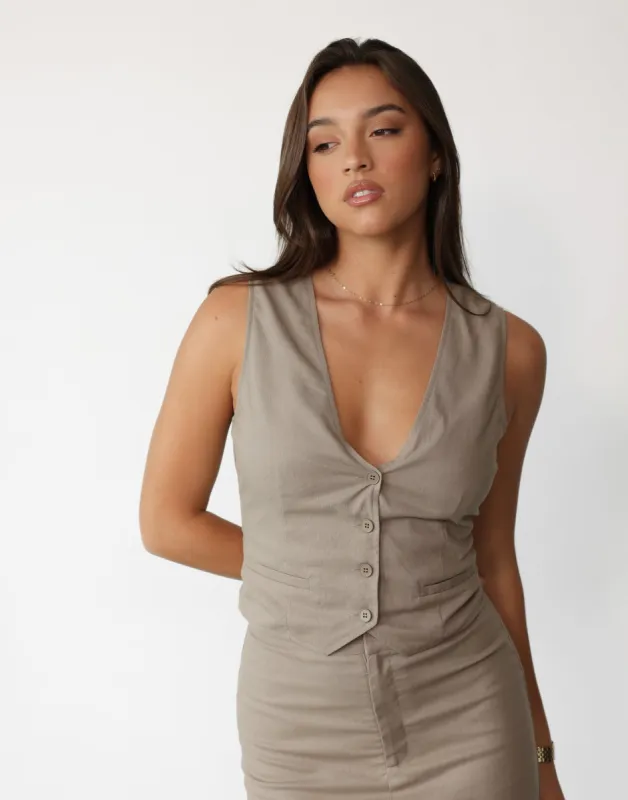 Keanna Linen Vest Top (Stone) sold by Charcoal Clothing