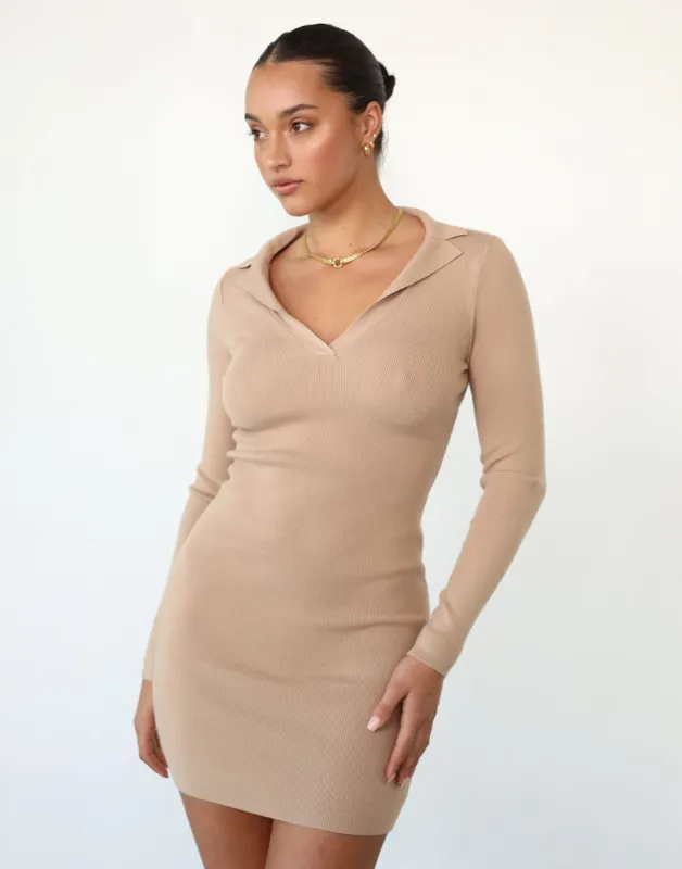 Sara Long Sleeve Mini Dress (Beige) sold by Charcoal Clothing