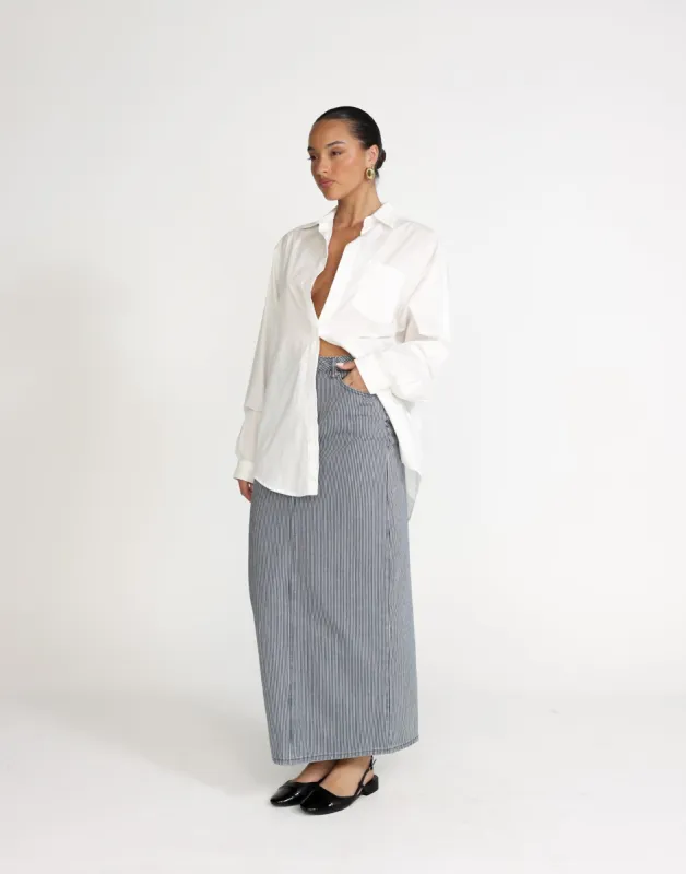 Tyler Denim Maxi Skirt (Navy Pinstripe) sold by Charcoal Clothing