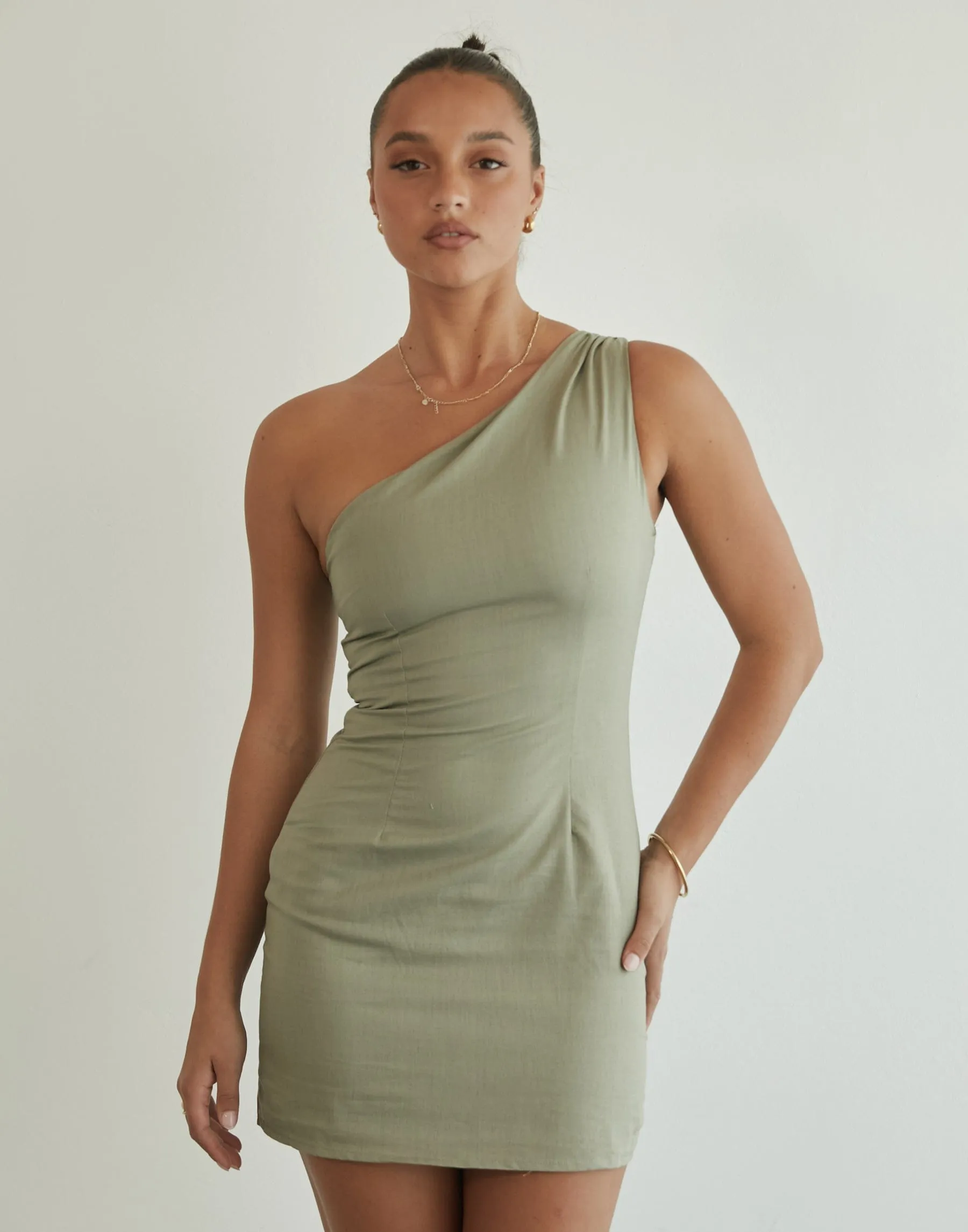 Evie Linen Mini Dress (Khaki) sold by Charcoal Clothing