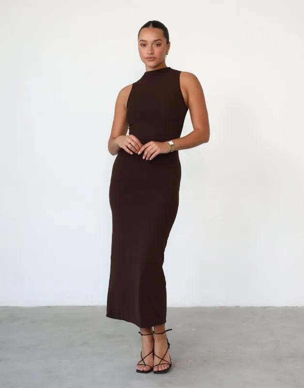 Breaking News Mesh Maxi Dress (Cocoa) sold by Charcoal Clothing