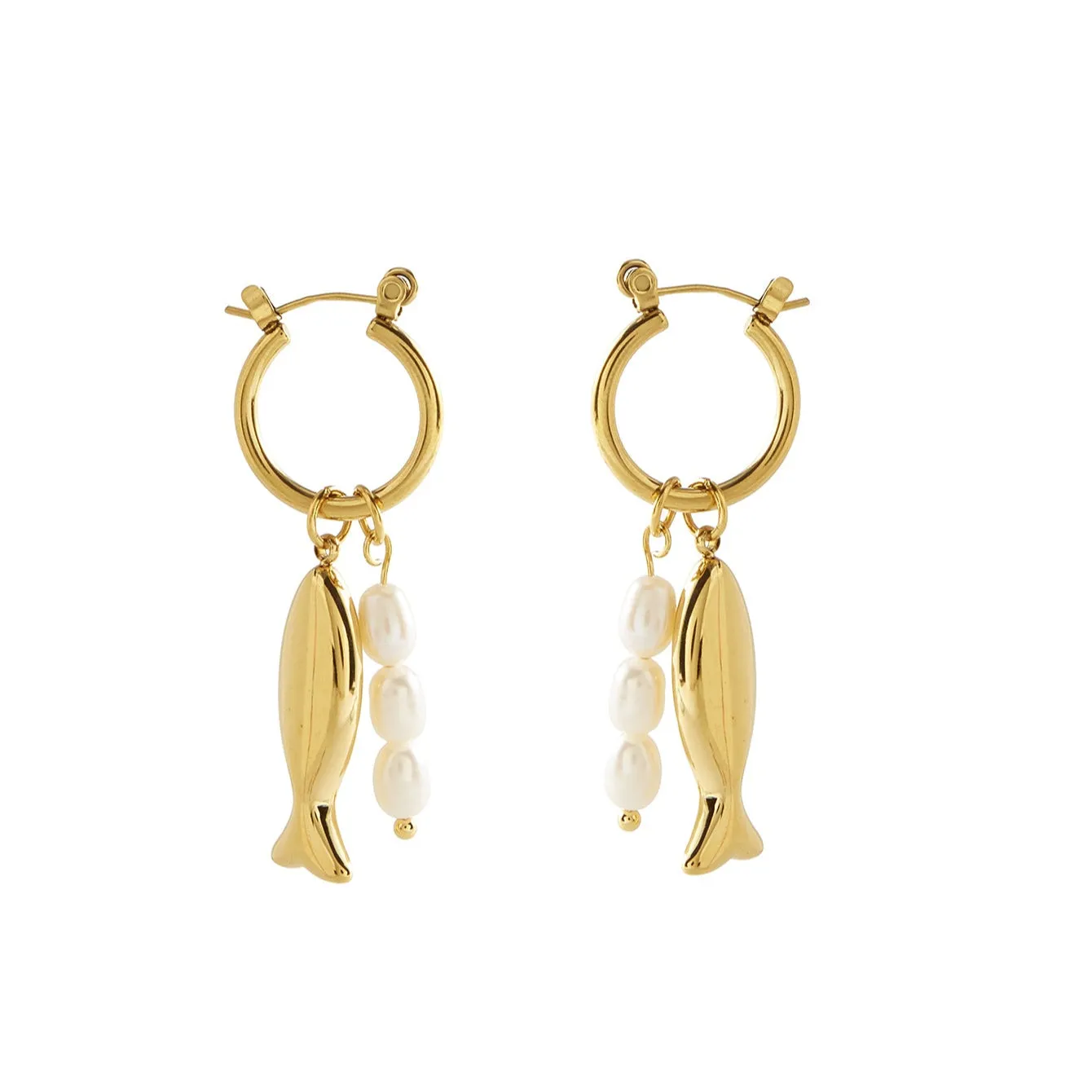 Fish and Pearl Hoops sold by Salty Cali