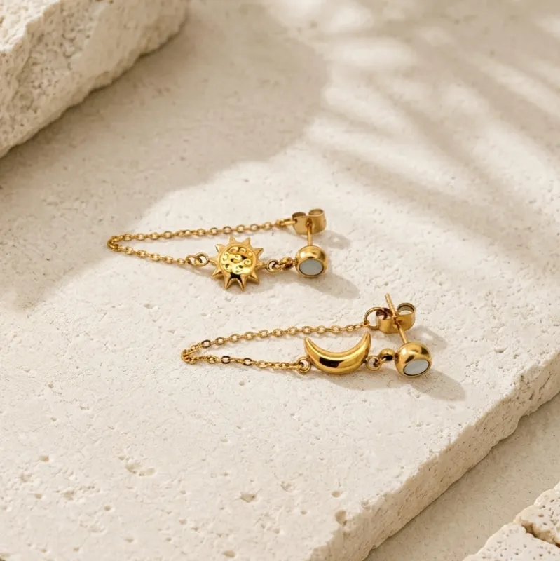 Moon and Sun ~ Chain Earrings made by Salty Cali