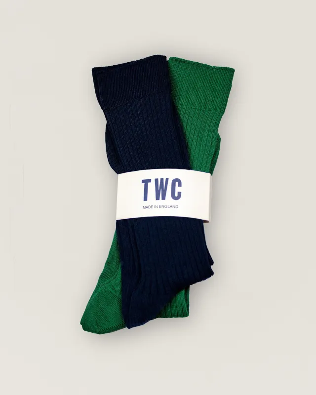 Green & Navy Fine Rib Cotton Socks made by The Workers Club