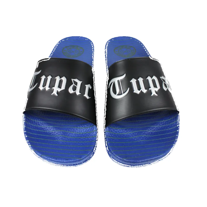 Tupac x Cross Colours Metallic Slides (Men's) - Black/Blue sold by Cross Colours