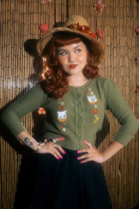 Cardigan Aloha cats - Sauge (précommande) sold by Vintage Romance
